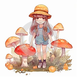 A lovely little girl was gathering mushrooms on white background generative AI