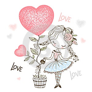 Lovely little girl watering a tree in the form of a heart in a pot. Valentine. Vector