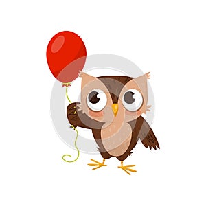 Lovely little owlet standing with red ballooon, cute bird cartoon character vector Illustration on a white background