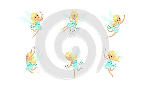 Lovely Little Tooth Fairy Set, Cute Blonde Girl with Wings in Blue Dress Flying with Tooth Cartoon Vector Illustration