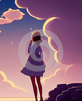 a lovely lonely girl waiting at a fantasy lake with pink clouds, animation style , ai generated image