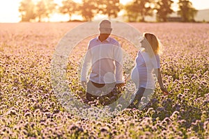 Beautiful pregnant mother and her husband walk together hand in hand outdoor, in the middle of a flowery field at sunset time. photo