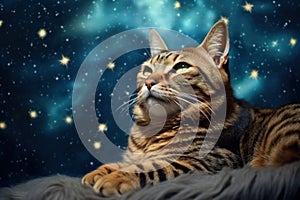 Lovely lying striped cat lookin at starry night