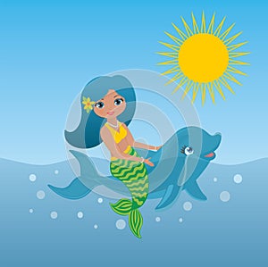 Lovely mermaid and dolphin playing in the water. Vector illustration.
