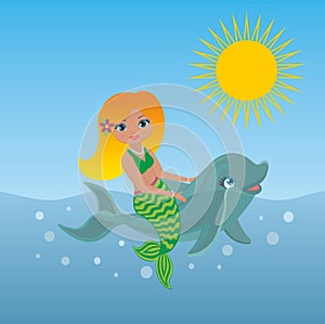 Lovely mermaid and dolphin playing in the water. Vector illustration.