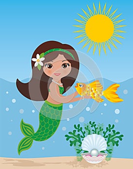 Lovely mermaid and gold fish in the water. Vector illustration.