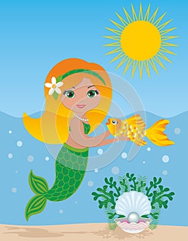 Lovely mermaid and gold fish in the water. Vector illustration.