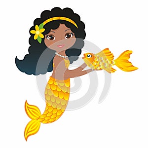 Lovely mermaid with goldfish. Vector illustration.