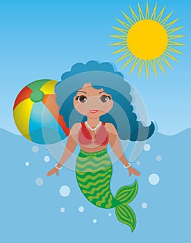 Lovely mermaid playing with ball in the water. Vector illustration.
