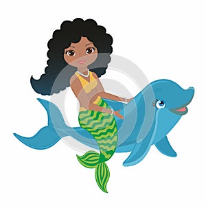 Lovely mermaid raiding on dolphin and having fun. Vector illustration.