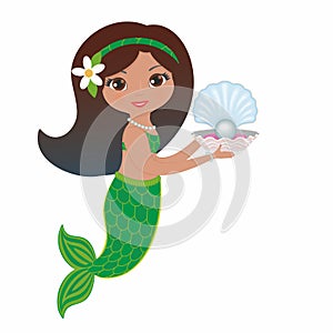 Lovely mermaid and shell with pearl  and shell. Vector illustration.