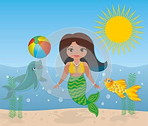 Lovely mermaid swimming and playing with fishes in the water. Vector illustration.