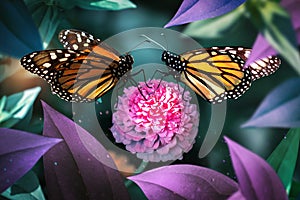 Lovely monarch butterflies on pink flowers in a fairy garden. Summer spring background.