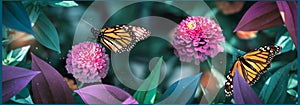 Lovely monarch butterflies on pink flowers in a fairy garden. Summer spring background. Banner format.