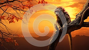 Lovely monkey on a tree branch during sunset, nature and wildlife concept