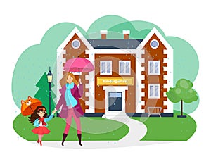 Lovely mother hold daughter hand, children girl with mom go suburb kindergarten flat vector illustration, isolated on