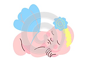 Lovely Newborn Baby Dressed in Flower Headband and Wings Sleeping Vector Illustration