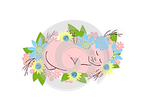 Lovely Newborn Baby Girl in Light Blue Flower Headband Sleeping on Flowers Vector Illustration