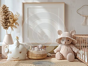 Lovely nursery room interior with soft toys and stylish accessories. There is a blank frame mockup on the wall