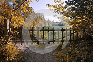 Lovely old gate into countryside field Autumn landscape