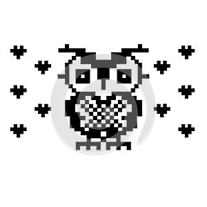 Lovely owl and hearts. bird pixel art template.