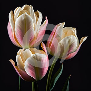Lovely pale pink powdery tulips isolated on black. Beautiful floral spring background