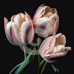 Lovely pale pink powdery tulips isolated on black. Beautiful floral spring background, wallpaper with gorgeous