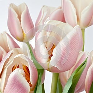 Lovely pale pink powdery tulips isolated on white. Beautiful floral spring background,