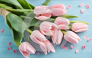 Lovely pastel pink tulips bunch. bouquet of tulips for banners