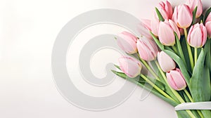 Lovely pastel pink tulips bunch, floral border at light stone background, top view. Layout for springtime holidays.