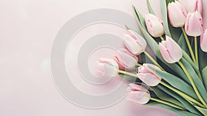 Lovely pastel pink tulips bunch, floral border at light stone background, top view. Layout for springtime holidays.