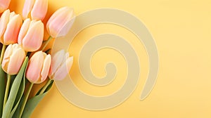 Lovely pastel yellow tulips bunch, floral border at light yellow background, top view. Layout for springtime holidays.