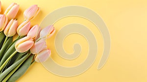 Lovely pastel yellow tulips bunch, floral border at light yellow background, top view. Layout for springtime holidays.