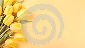 Lovely pastel yellow tulips bunch, floral border at light yellow background, top view. Layout for springtime holidays.