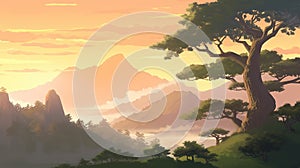 a lovely peaceful place on earth with a view of the mountains and a big tree, anime landscape, ai generated image