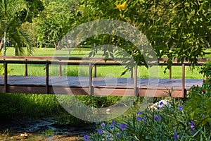 A lovely peaceful view of a park bridge, spanning a small creek, and surrounded by a lush garden. photo