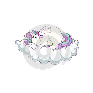 Lovely Pegasus is sleeping on a cloud in Cartoon style, vector stock illustration on white isolated background, concept of Magic