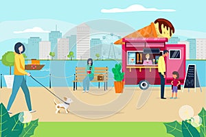 Lovely people walking in quayside park, character woman stroll little dog, dessert wagon ice cream flat vector