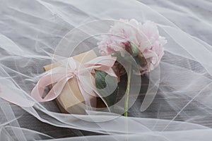 Lovely pink peony flower and gift box under soft tulle fabric on dark wood. Mothers or womens day