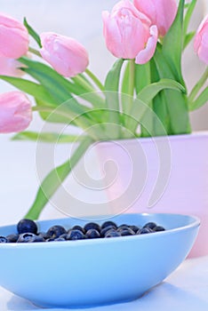 Lovely pink tulips and blueberries