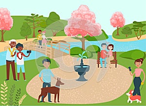 Lovely place for people, group human walk dog, cozy river character stroll outdoor garden flat vector illustration