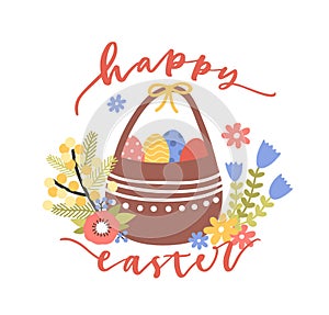 Lovely postcard template with Happy Easter wish handwritten with elegant cursive font and basket with decorated eggs and