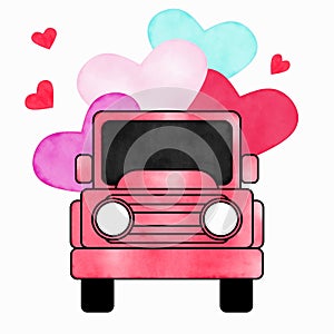 Lovely red-pink watercolor truck full of big and tiny hearts