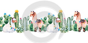 Lovely repeat border with green watercolor cactus,succulents,flowers and cute llamas