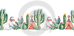 Lovely repeat border with green watercolor cactus,succulents,flowers,teepee and cute llama