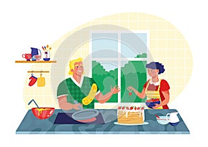Lovely romantic family couple female and male cooking food dinner, pastry foodstuff preparation flat vector illustration