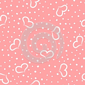 Lovely romantic seamless pattern. Repeated hearts and round dots drawn by hand.