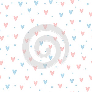 Lovely romantic seamless pattern. Repeated hearts and round dots. Drawn by hand.