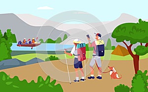 Lovely romantic touristic couple pedestrian walk outdoor travel, female male with dog trip boat flat vector illustration