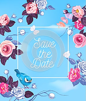 Lovely Save The Date template with semi-colored roses and little bird against blue background with white clouds. Vector